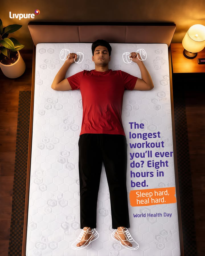 The only session where lying down counts as full body training Happy World Health Day Livpure, Sleep, Comfort...