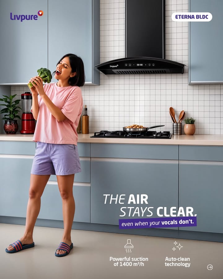 The kitchen can handle the smoke, the neighbours may not handle the singing. Livpure, Kitchen. Well being, Eterna BLDC 