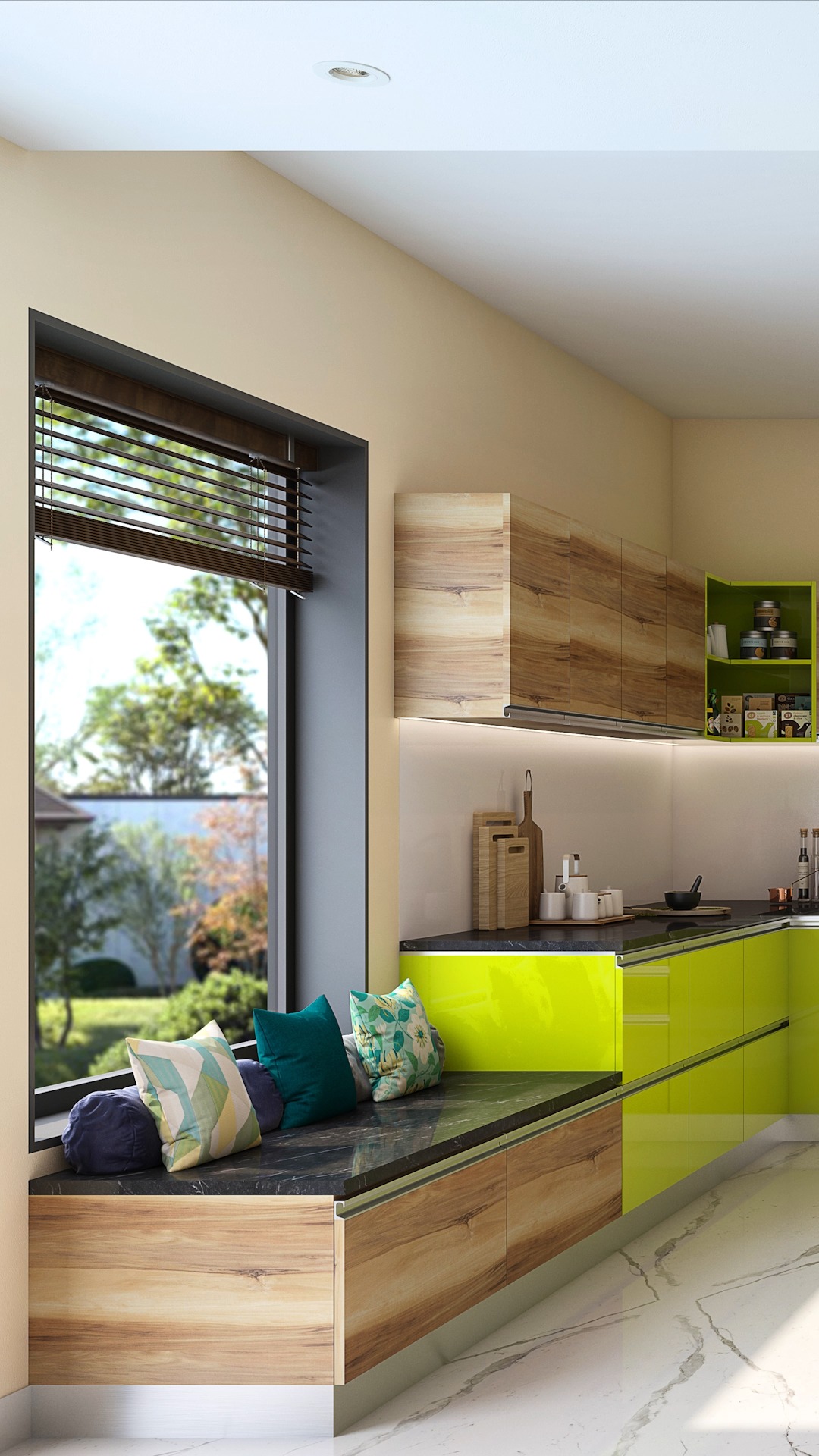 With sunshine hues and wooden tones, this modular kitchen brings the joy of summer right into your home