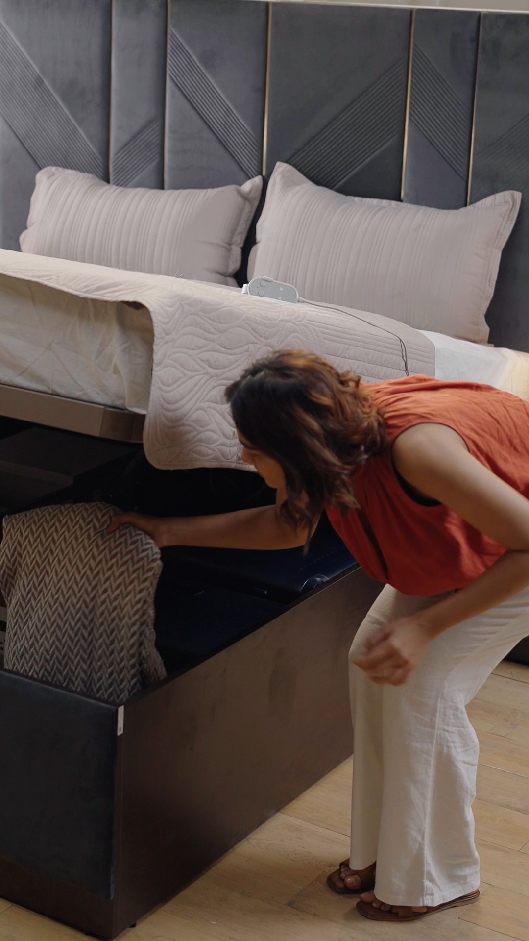 Elevate your bedroom space with the ease of Upmods motorised storage, where comfort meets convenience at just one touch