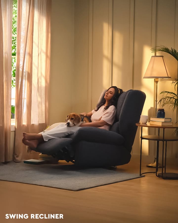 A calming playlist, the Swing Recliner and your furry friend, are all you need for a relaxing evening