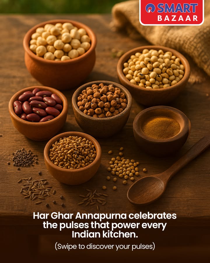 Wholesome meals start here. From moong to chana, fill your kitchen with quality pulses at unbeatable prices. Visit SMART Bazaar to shop now. SMARTBazaar KnowYourPulses HarGharAnnapurna Wholesome meals start here. From moong to chana, fill your kitchen with quality pulses at unbeatable prices