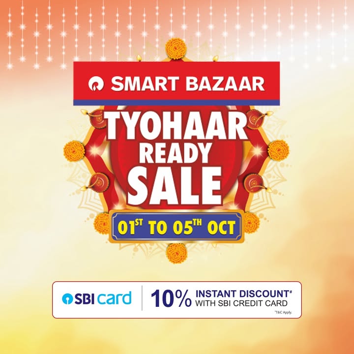 This tyohaar, shopping gets even more rewarding Enjoy 10 instant discount with your SBI Credit Card at the SMART Bazaar Tyohaar Ready Sale. More shopping. More savings. More celebrations. SMARTBazaar TyohaarReadySale Offers Discounts This tyohaar, shopping gets even more rewarding Enjoy 10 instant discount with your SBI Credit Card at the SMART Bazaar Ty...