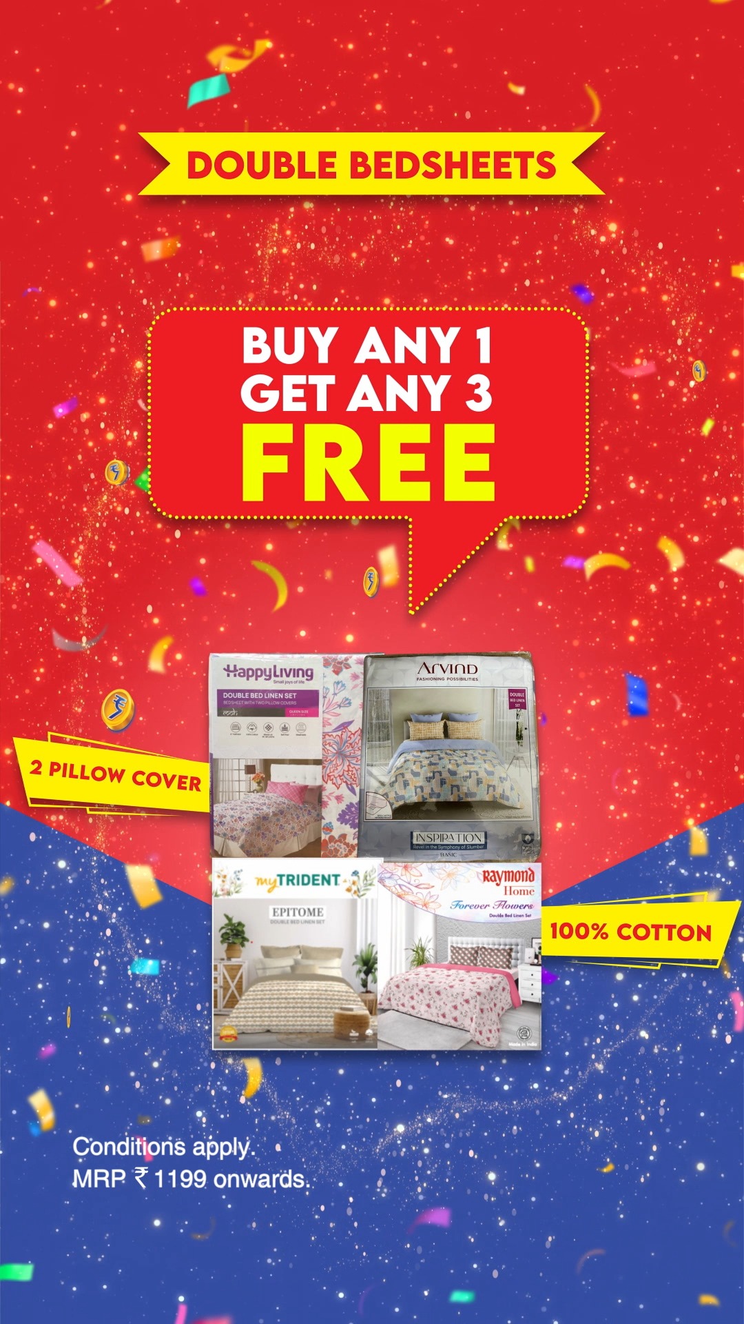 SMART Bazaar Full Paisa Vasool Sale mein Bedsheets par Buy any 1, get any 3 FREE