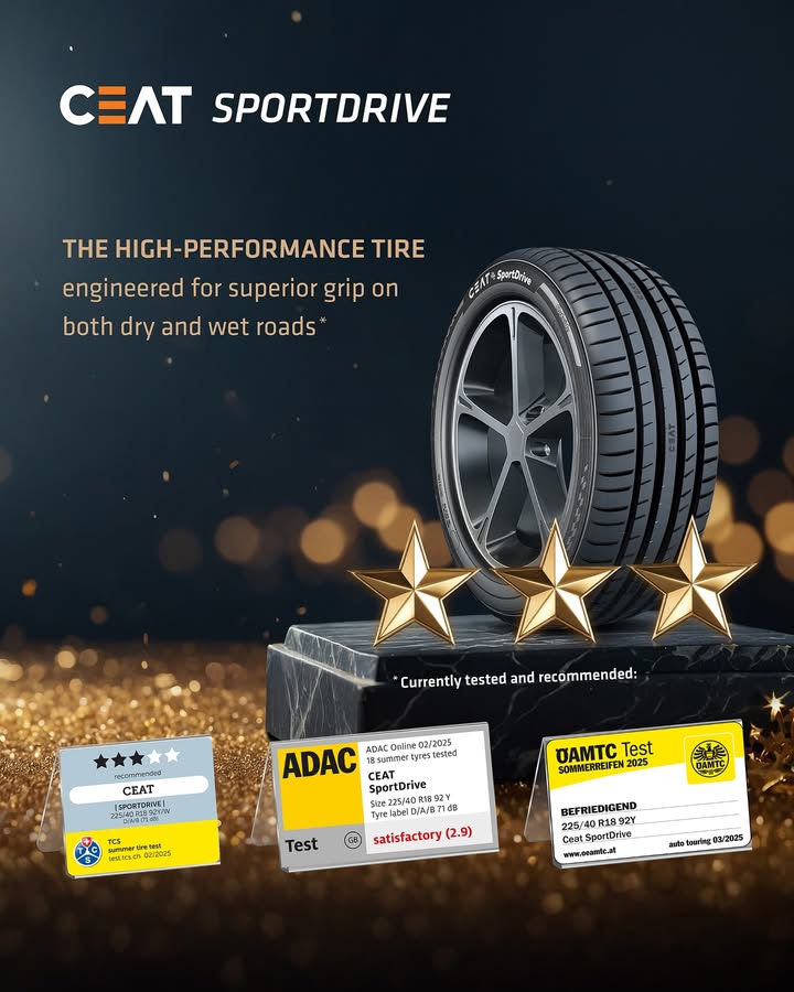 CEAT SportDrive Proven performance, Globally recognized CEAT SportDrive earns recommendable ratings from ADAC, AMTC, a...