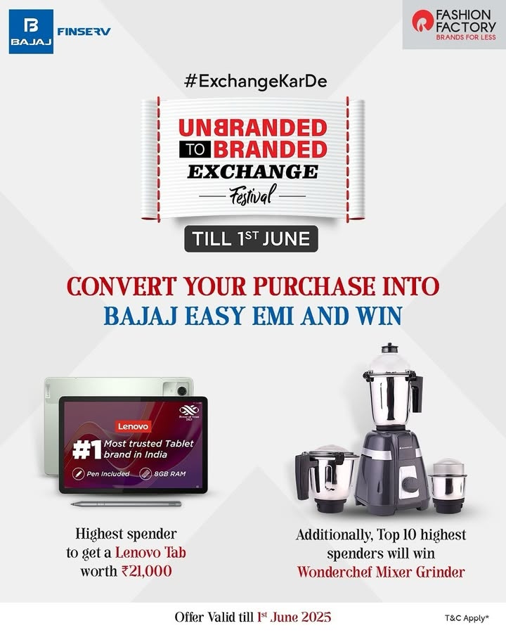 Turn shopping into winning Convert your purchase into Bajaj Easy EMI at Fashion Factory unlock exciting rewards. Visit our nearest store today Turn shopping into winning Convert your purchase into Bajaj Easy EMI at Fashion Factory unlock exciting rewards