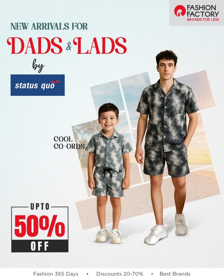 Unlock fashionable deals for dads Lads Catch the new arrivals by Status Quo, only at Fashion Factory. Visit our nearest store to grab the deal now Unlock fashionable deals for dads Lads Catch the new arrivals by Status Quo, only at Fashion Factory