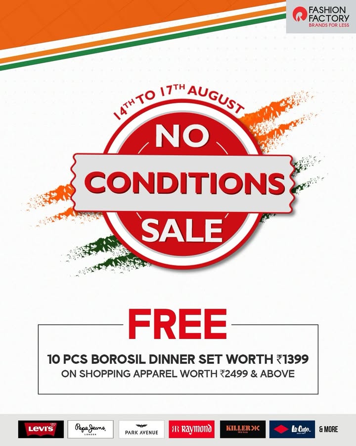Presenting the most unapologetic sale of the season The No Conditions Sale Sale goes live on 14th August. Shop apparel for 2499 and get a free borosil dinner set worth 1399 Presenting the most unapologetic sale of the season The No Conditions Sale Sale goes live on 14th August