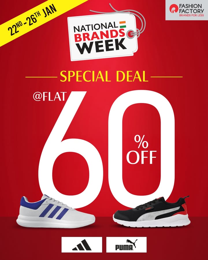 Your cue to step up. Flat 60 OFF on Puma Adidas in National Brands Week. T Cs Apply. Good shoes. Better deals