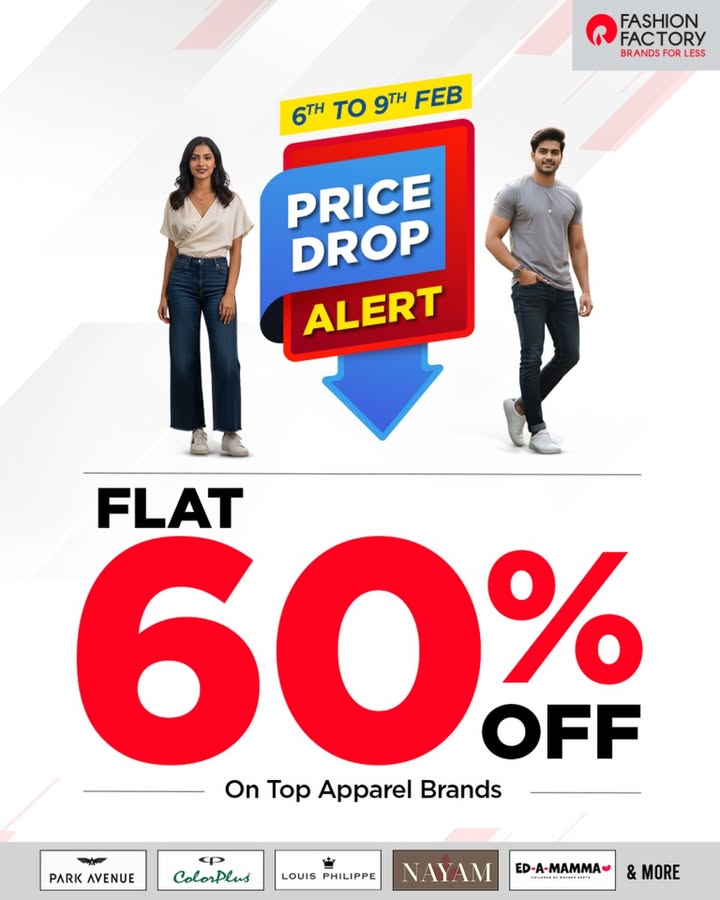 We dropped prices. Its your turn to drop by. From work fits to weekend vibes Flat 60 OFF on Top Apparel brands