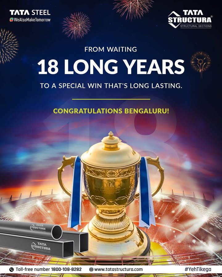 18 years of passion, perseverance, and pure belief and now, the wait is finally over Heres to Bengalurus grand triumph a win as strong and lasting as the structures we build 18 years of passion, perseverance, and pure belief and now, the wait is finally over Heres to Bengalurus grand tri...