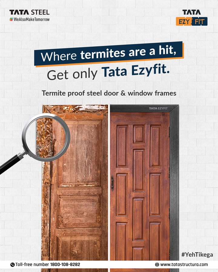 Easy to install. Built to last. With Tata EzyFit, every door opens to strength and style. TataEzyFit YehTikega TataStructura DoorFrame SteelThatLasts TataSteel WeAlsoMakeTomorrow Easy to install. Built to last. With Tata EzyFit, every door opens to strength and style
