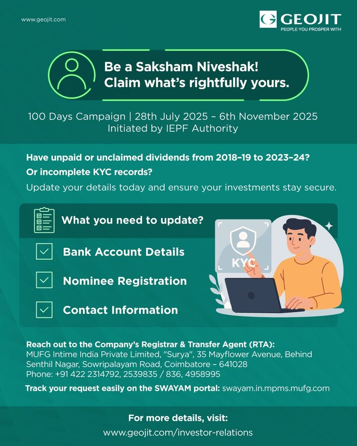 Claim Whats Rightfully Yours Have unclaimed dividends or incomplete KYC records Take part in the Saksham Niveshak 100 Days Campaign 28th July 6th Nov 2025 and secure whats rightfully yours Claim Whats Rightfully Yours Have unclaimed dividends or incomplete KYC records Take part in the Saksham Niveshak 100...