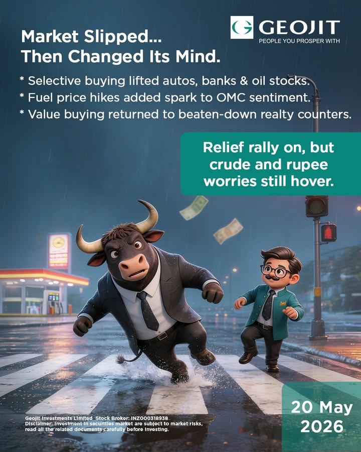 Markets recovered from intraday lows led by autos, financials, and oil stocks, while crude prices and rupee weakness kept se...