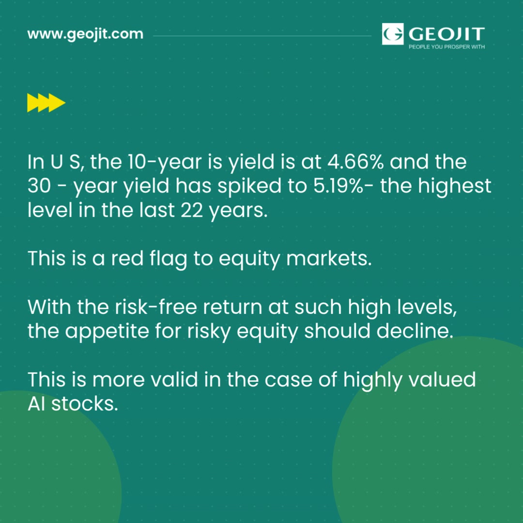 Globally stock markets are facing a headwind from rising bond yields. In US, the 10 year yield is at 4