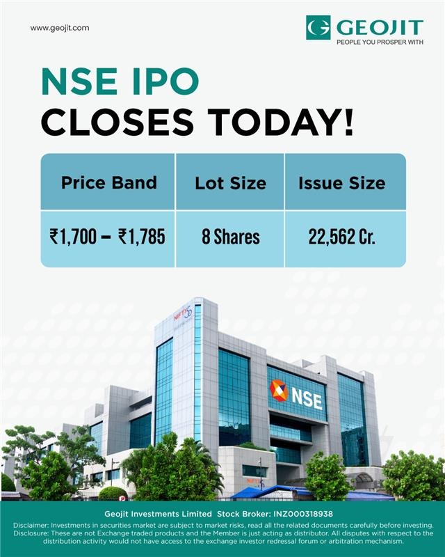 NSE IPO closes today Price Band 1,700 1,785 Lot Size 8 shares Issue Size 22,562 Cr