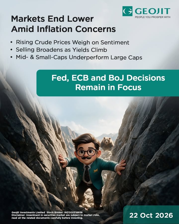  Indian equities ended lower after a volatile session as rising crude oil prices, a weakening rupee and higher bond yiel...