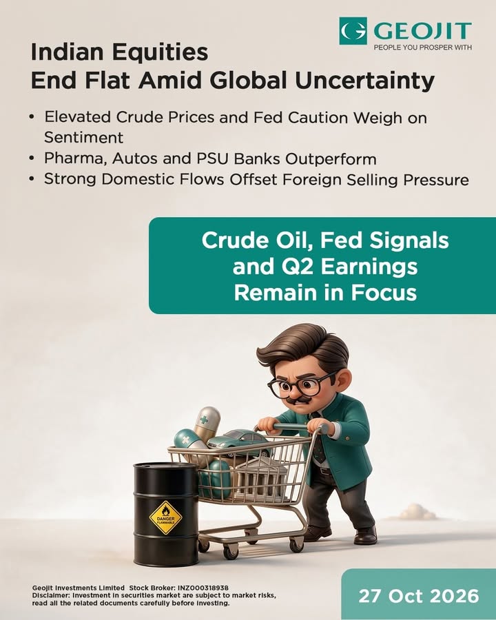  Indian equities ended flat after a volatile trading session as elevated crude oil prices and caution ahead of the US Fe...