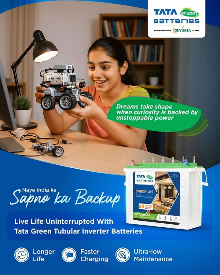 Big ideas need uninterrupted power. Stay unstoppable with Tata Green Tubular Inverter Batteries built for longer life, with faster charging and ultra low maintenance. To know more, visit https www.tatagreenbattery Big ideas need uninterrupted power