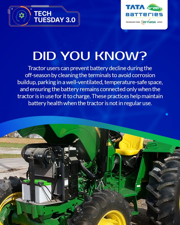 Parking your tractor in a well ventilated, temperature safe space, along with periodic checks like cleaning the terminals an...