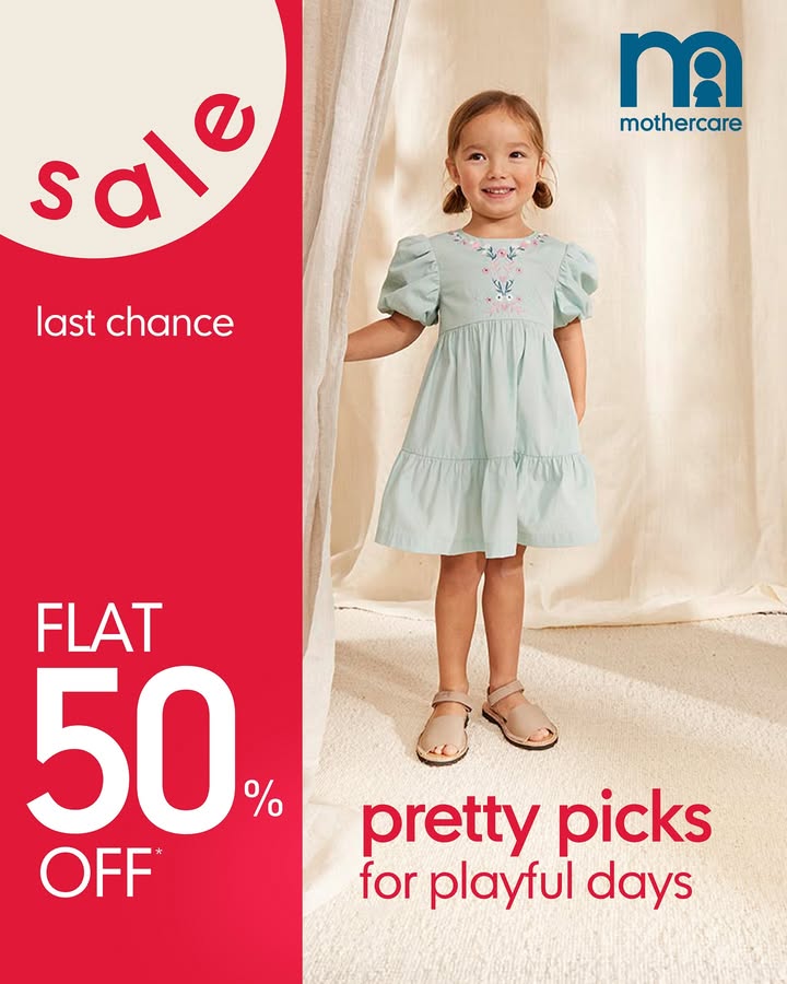 From dress up to playtime, shes covered. Shop pretty pieces at flat 50 off in the End of Season Sale. MothercareIndia EndOfSeasonSale WeKnowParenting From dress up to playtime, shes covered. Shop pretty pieces at flat 50 off in the End of Season Sale