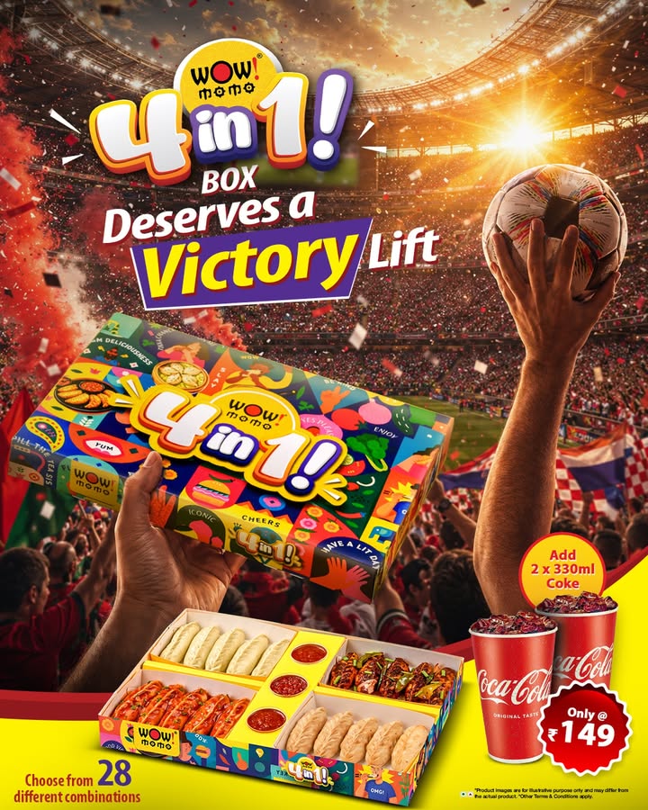 When its this good... it deserves a Victory Lift. The all new Wow Momo 4 in 1 Box. 4 flavours. 20 pcs momos