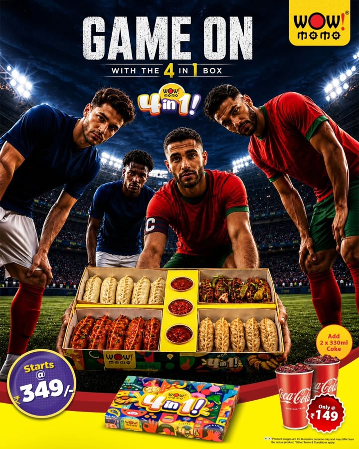 Big match. Bigger cravings. Get your football night sorted with the all new Wow Momo 4 in 1 Box. 4 flavours