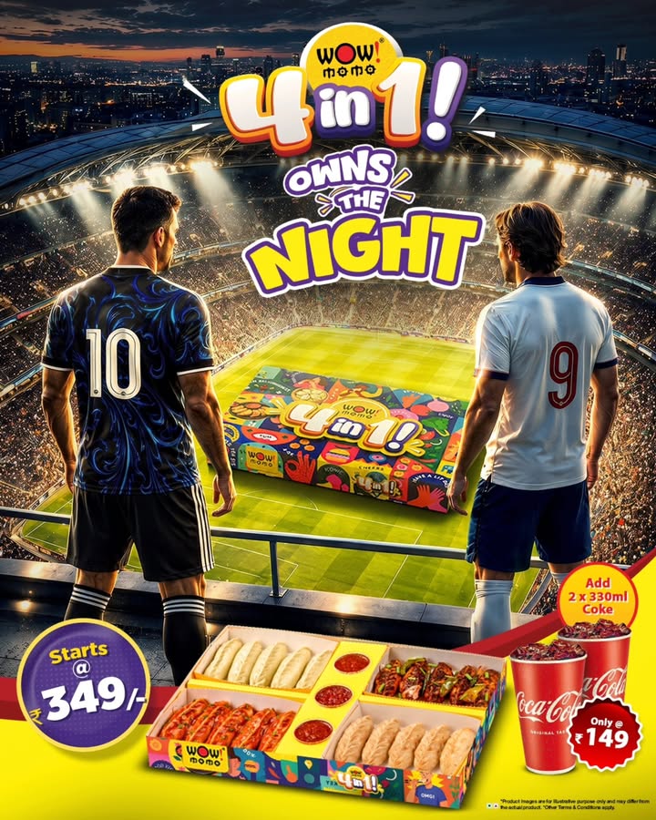 The night belongs to football. The feast belongs to the Wow Momo 4 in 1 Box