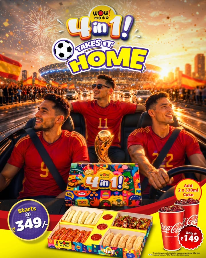 The final whistle ends the game. The WOW Momo 4 in 1 Box starts the celebration. 20 pieces. 4 flavours