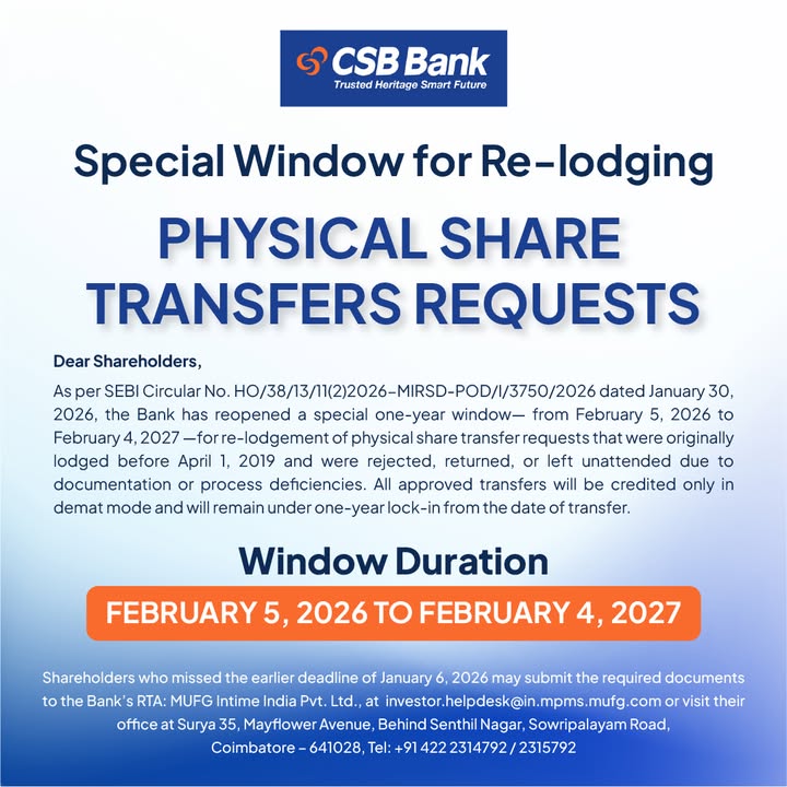 Attention Shareholders CSB Bank has opened a special window for re lodging physical share transfer requests as per SEBI gui...