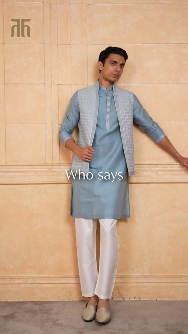 Soft hues and time honored craftsmanship come together in this light blue Kurta Bundi set