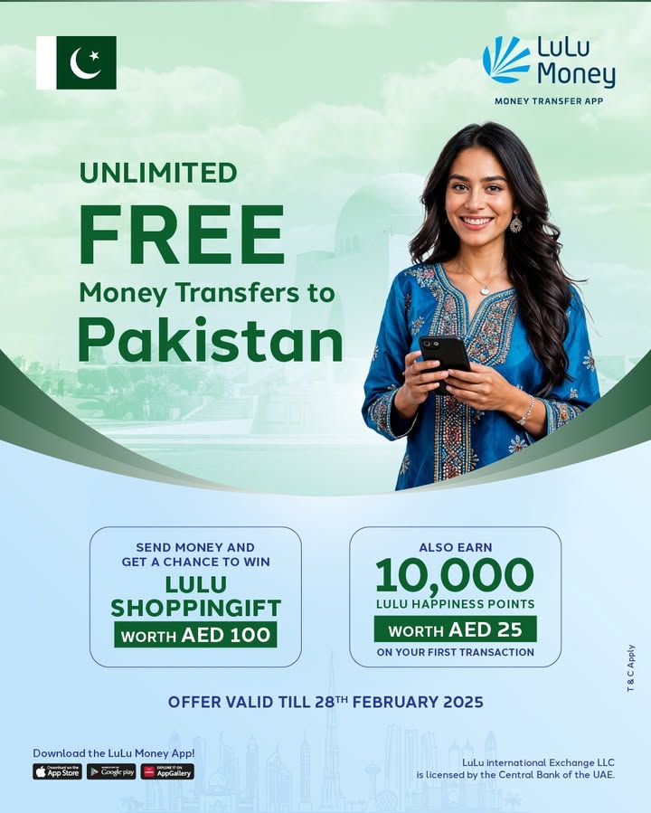 Send money to Pakistan with unlimited free transfers Plus, get a chance to win an AED 100 LuLu Shoppingift Voucher on every...