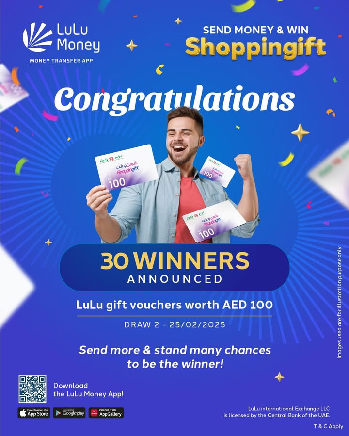 Congratulations to the 30 winners of SEND MONEY WIN SHOPPINGIFT second draw Send more with the LuLu Money App and increa...