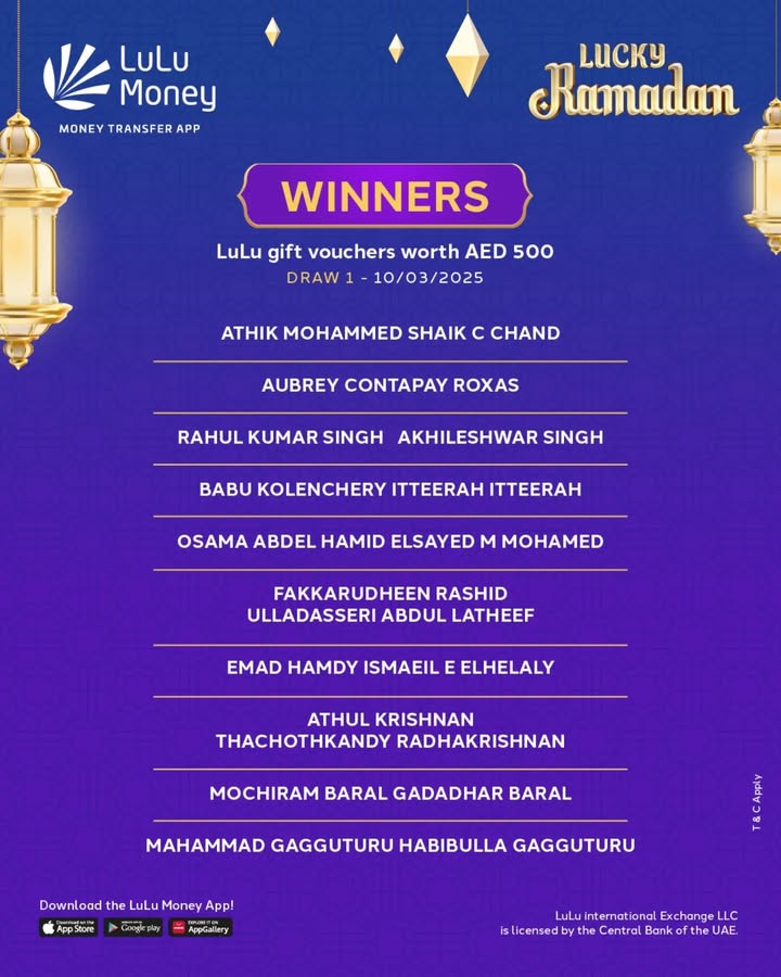 We are delighted to announce the first 25 lucky winners of the LuLu Money Lucky Ramadan Draw Each winner will receive an AE...