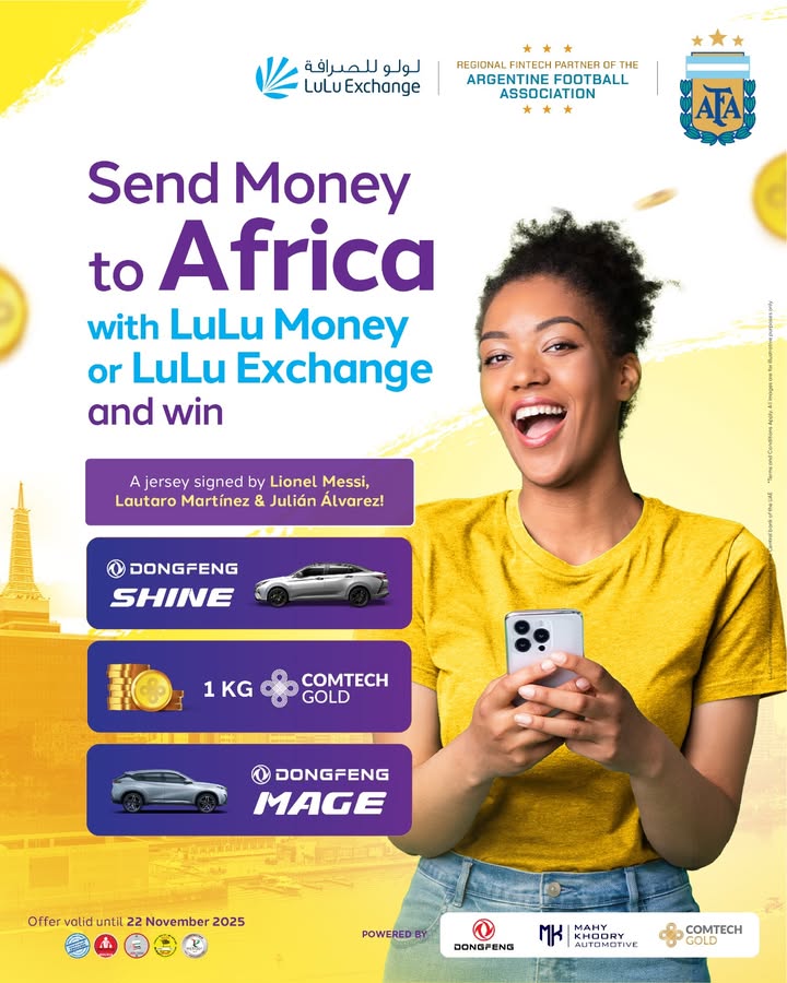 Send Money to Africa via LuLu Exchange Send money via the LuLu Money App or any LuLu Exchange branch before 22nd Nov 2025 and stand a chance to win Dongfeng Shine Over 260 winners will get ComTech Gold through fortnightly draws ... Send Money to Africa via LuLu Exchange Send money via the LuLu Money App or any LuLu Exchange branch before 22nd No...