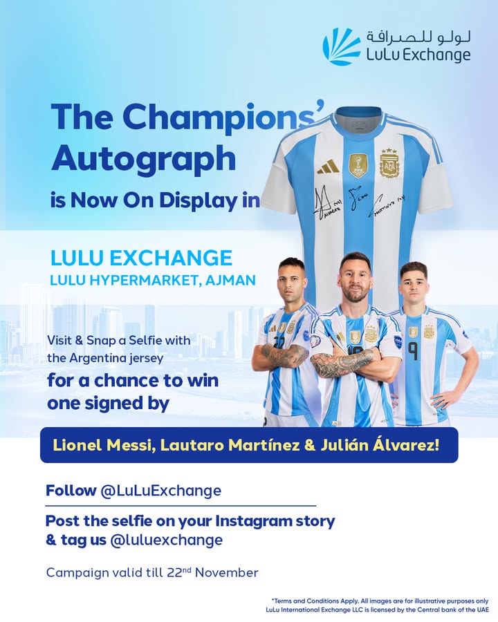 Hop into LuLu Exchange at Lulu Hypermarket, Ajman and snap a selfie with the jersey Post it, tag LuLuExchange and you could win the jersey signed by Lionel Messi, Juli n lvarez Lautaro Mart nez  Hop into LuLu Exchange at Lulu Hypermarket, Ajman and snap a selfie with the jersey Post it, tag LuLuExchange and you coul...