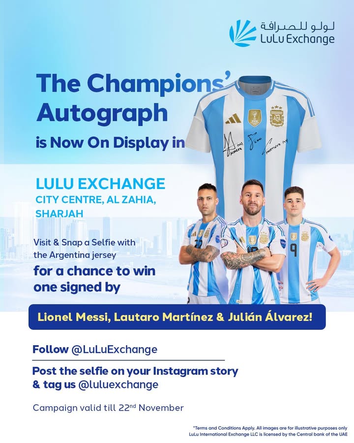 Hop into LuLu Exchange, City Centre, Al Zahia and take a selfie with the jersey Post it, tag LuLuExchange and you could wi...
