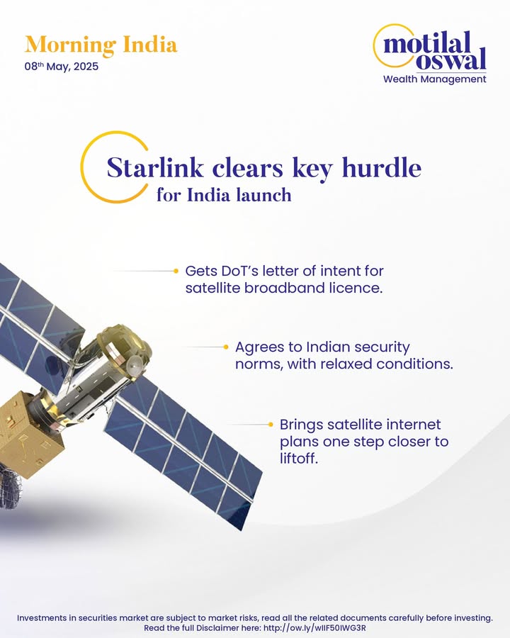 MorningIndia Your daily News tracker Starlink clears key hurdle for India launch FMCG revival on the horizon Godrej Consumer IWG eyes top 3 spot in India s coworking race Disclaimer http ow MorningIndia Your daily News tracker Starlink clears key hurdle for India launch FMCG revival on the horizon ...
