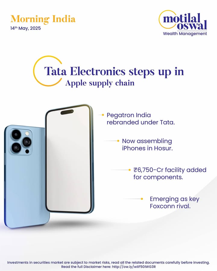 MorningIndia Your daily News tracker Tata Electronics steps up in Apple supply chain L T bags IOCs first Green Hydrogen Project Reliance plans 1.3 Bn exit from Asian Paints Disclaimer http ow MorningIndia Your daily News tracker Tata Electronics steps up in Apple supply chain L T bags IOCs first Gree...