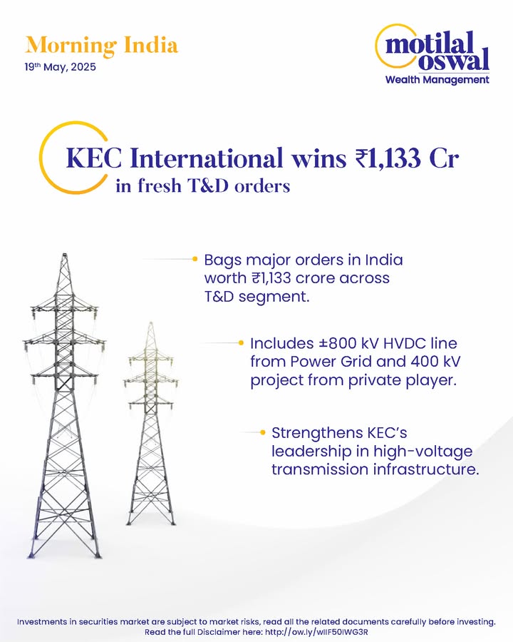  MorningIndia Your daily News tracker KEC International wins 1,133 Cr in fresh T D orders Logicap, Mitsubis...