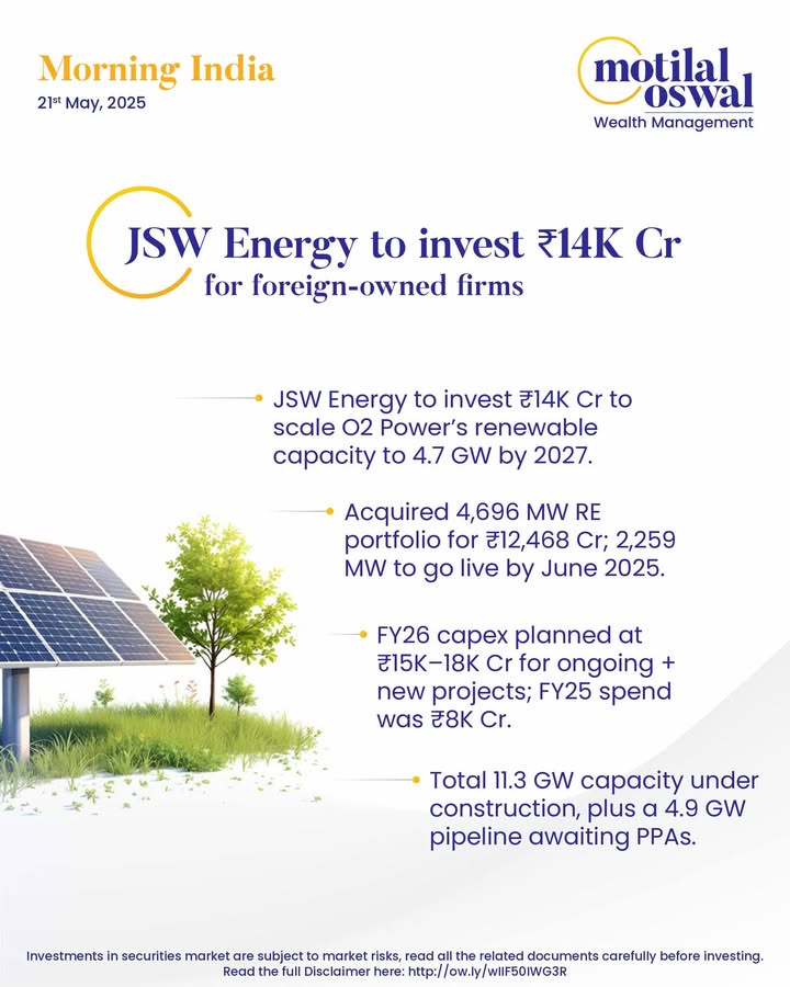 MorningIndia Your daily News tracker JSW Energy to invest 14K Cr in O2 Powers RE push Hindalco acquires Bandha Coal leaseholder Nazara acquires UKs Curve Games for 247 Cr Disclaimer http ow MorningIndia Your daily News tracker JSW Energy to invest 14K Cr in O2 Powers RE push Hindalco acquires Ba...