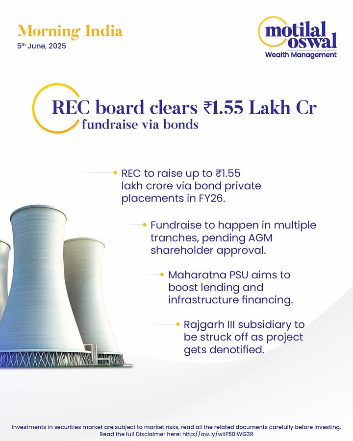 MorningIndia Your daily News tracker REC board clears 1.55 Lakh Cr fundraise via bonds Stainless steel industry seeks anti dumping duty PowerGrid acquires MPTL to strengthen Mahan Power evacuation Disclaimer http ow MorningIndia Your daily News tracker REC board clears 1