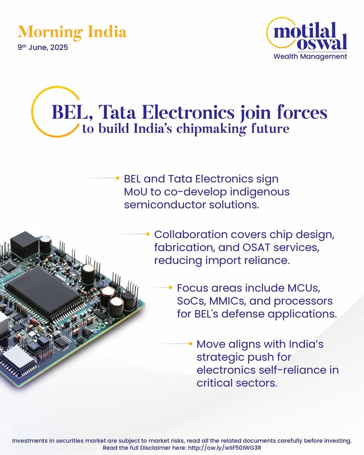 MorningIndia Your daily News tracker BEL, Tata Electronics join forces to build Indias chipmaking future Maruti Suzuki, Hyundai eye export growth in FY26 Hindustan Copper, RITES ink pact to pursue critical mineral projects Indian gro... MorningIndia Your daily News tracker BEL, Tata Electronics join forces to build Indias chipmaking future Maru...