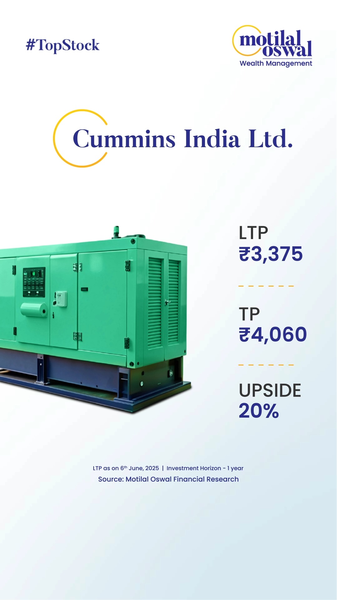 Cummins India Ltd. has a target price of 4,060 with a potential upside of 20 Disclaimer http ow