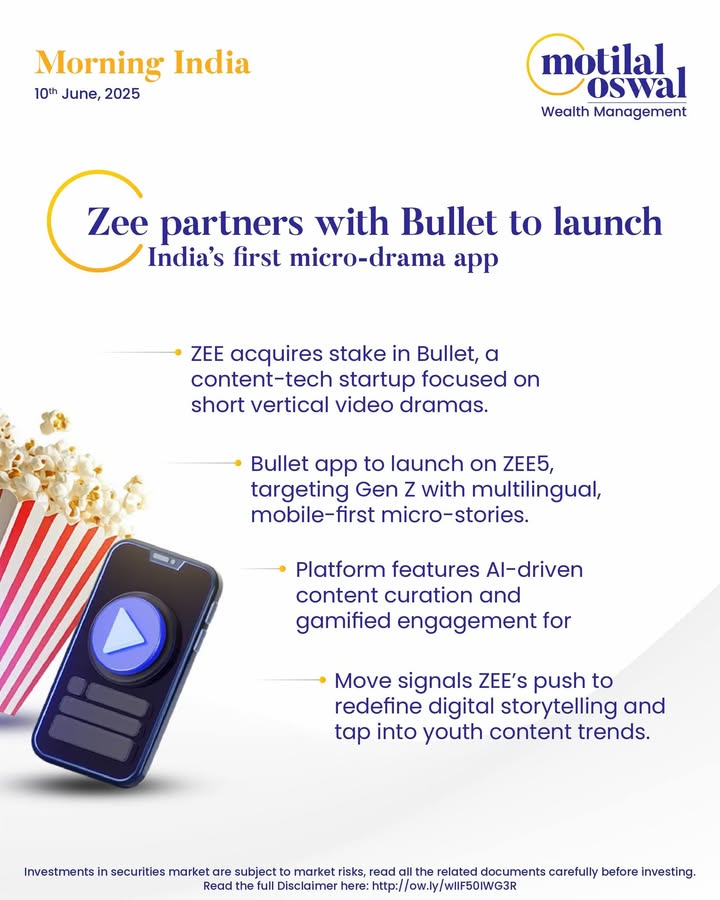 MorningIndia Your daily News tracker Zee partners with Bullet to launch Indias first micro drama app Jana Small Finance Bank applies for universal bank status Jindal SAW to invest 118M in MENA pipe projects Disclaimer http ow MorningIndia Your daily News tracker Zee partners with Bullet to launch Indias first micro drama app Jana Sma...