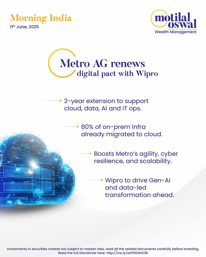 MorningIndia Your daily News tracker Metro AG renews digital pact with Wipro Reliance inks 10,000 Cr defence deal with Germanys Diehl Texmaco wins 44 Cr order from Mumbai Railway Vikas Corp Disclaimer http ow MorningIndia Your daily News tracker Metro AG renews digital pact with Wipro Reliance inks 10,000 Cr defen...