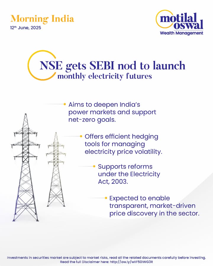 MorningIndia Your daily News tracker NSE gets SEBI nod to launch monthly electricity futures Govt slashes customs duty on crude edible oils to 10 Waaree Energies lands 599 MW solar order in US Disclaimer http ow MorningIndia Your daily News tracker NSE gets SEBI nod to launch monthly electricity futures Govt slashes cus...