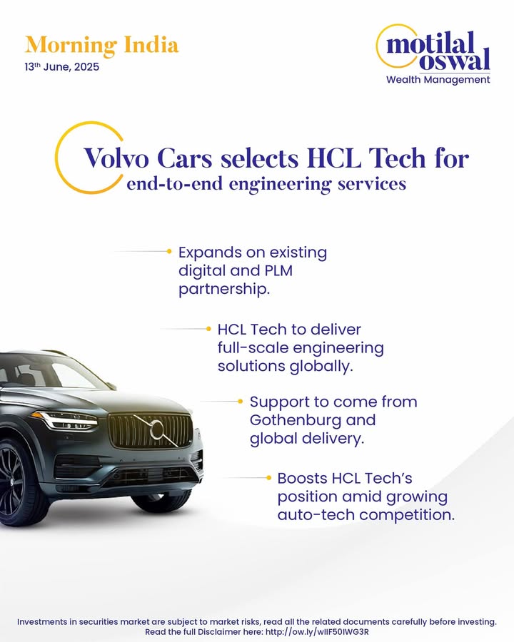 MorningIndia Your daily News tracker Volvo Cars selects HCL Tech for end to end engineering services Dixon Tech, Signify to form JV for lighting products Eurogrip tyres enter Taiwan via Honda service centres Disclaimer http ow MorningIndia Your daily News tracker Volvo Cars selects HCL Tech for end to end engineering services Dixon Te...