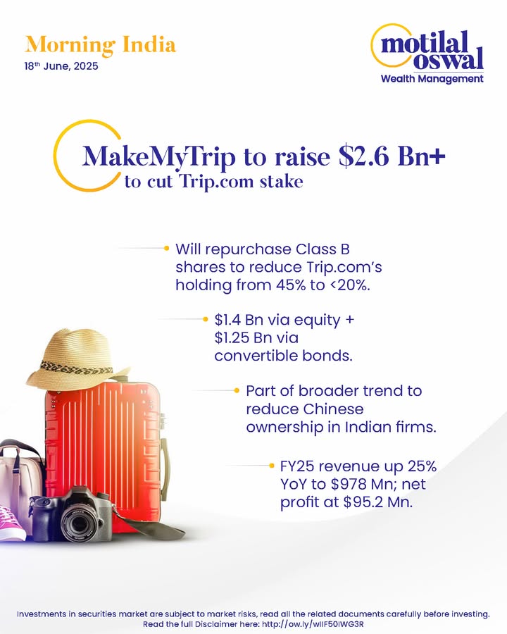  MorningIndia Your daily News tracker MakeMyTrip to raise 2.6 Bn to cut Trip