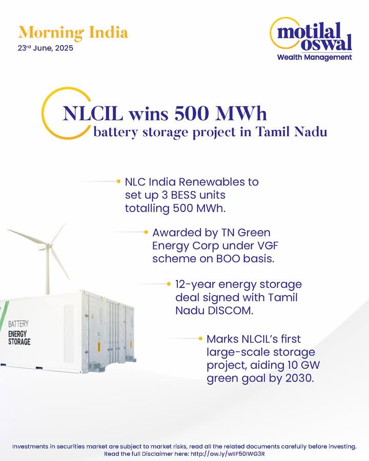  MorningIndia Your daily News tracker NLCIL wins 500 MWh battery storage project in Tamil Nadu Standard Charte...